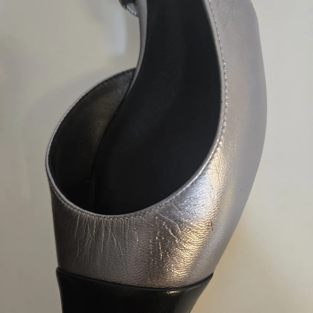 New Veronica Beard Cecile Metallic Silver/Black Leather Slingback Pump 7.5 NWOT